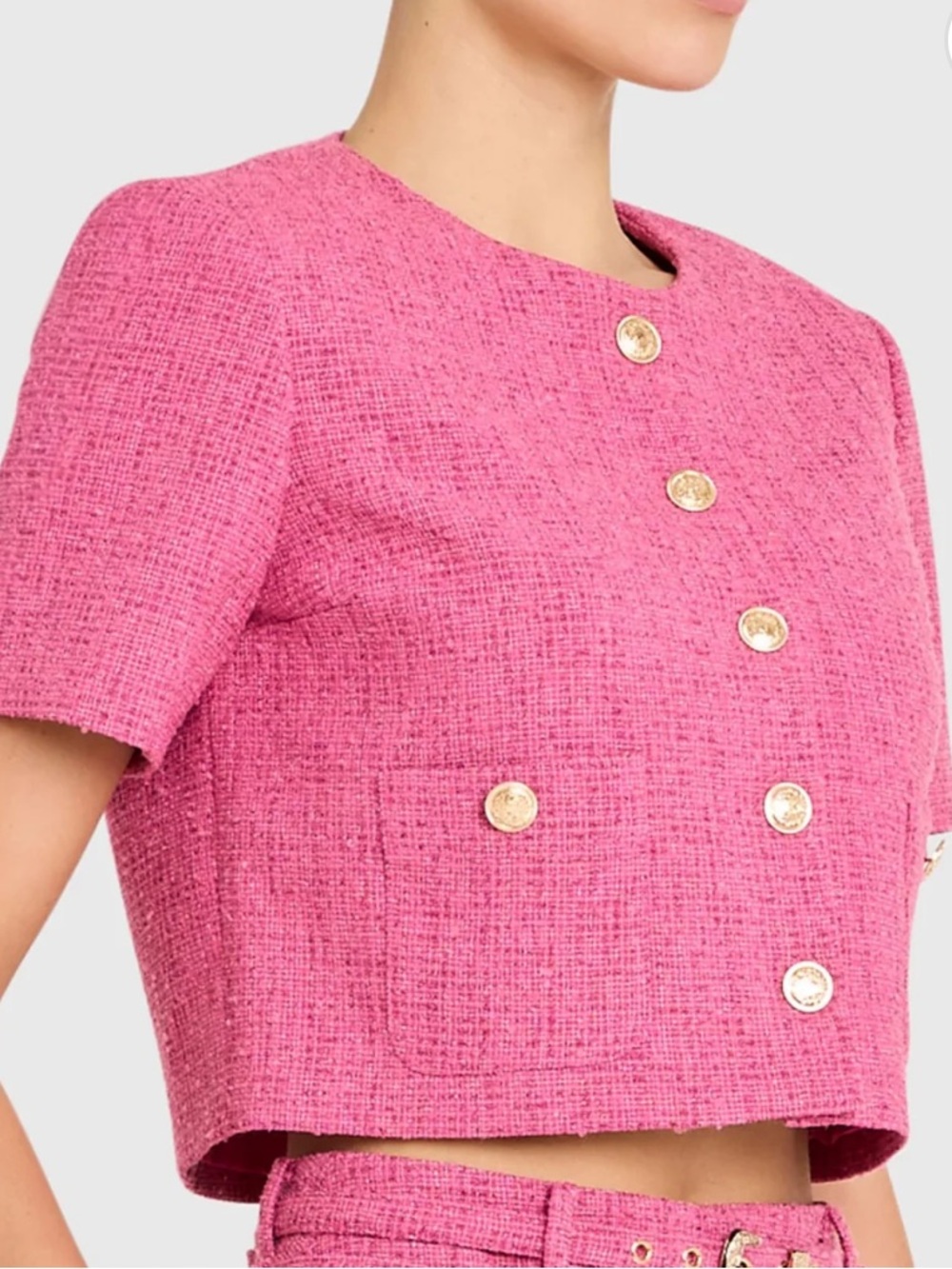 AMANDA UPRICHARD Pink Tweed Cropped Jacket with Gold Buttons